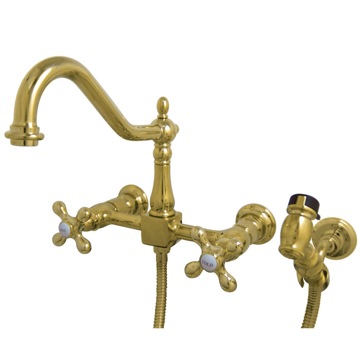 Kingston Heirloom KS1242AXBS - Heritage Two-Handle 3-Hole Wall Mount Bridge Kitchen Faucet with Brass Sprayer, Polished Brass