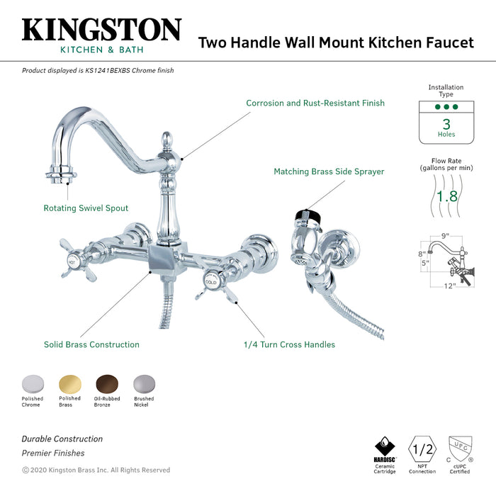 Kingston Heirloom KS1242BEXBS - Essex Two-Handle 3-Hole Wall Mount Bridge Kitchen Faucet with Brass Sprayer, Polished Brass