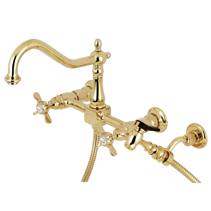 Kingston Heirloom KS1242BEXBS - Essex Two-Handle 3-Hole Wall Mount Bridge Kitchen Faucet with Brass Sprayer, Polished Brass