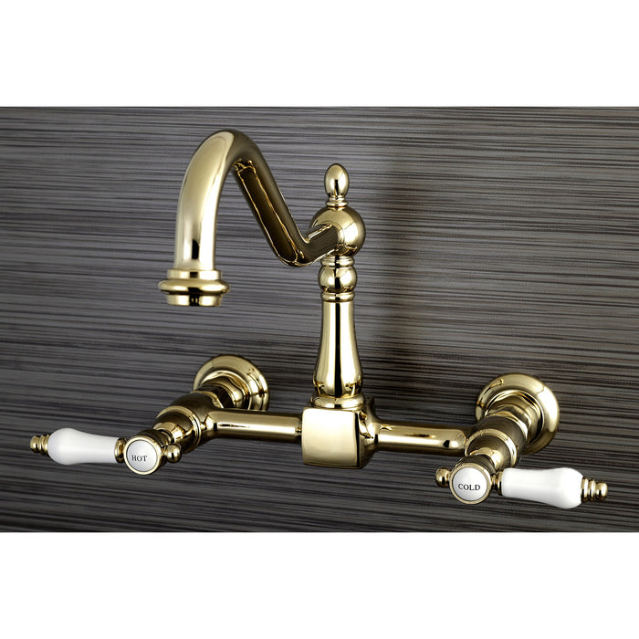 Kingston Heirloom KS1242BPL - Bel-Air Two-Handle Wall Mount Bridge Kitchen Faucet, Polished Brass