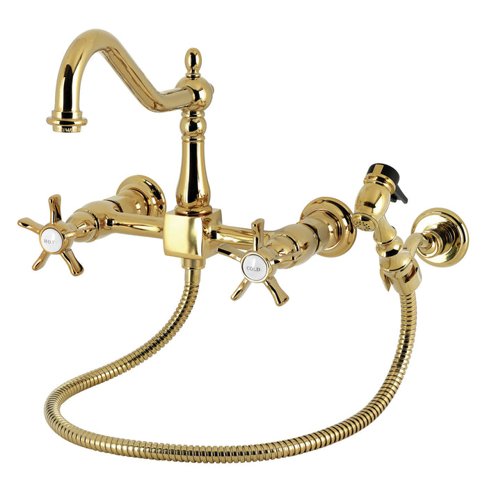 Kingston Heirloom KS1242NXBS - Hamilton Two-Handle 3-Hole Wall Mount Bridge Kitchen Faucet with Brass Sprayer, Polished Brass