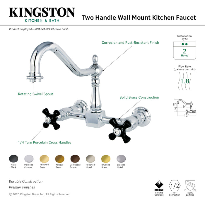 Kingston Heirloom KS1242PKX - Duchess Two-Handle 2-Hole Wall Mount Bridge Kitchen Faucet, Polished Brass