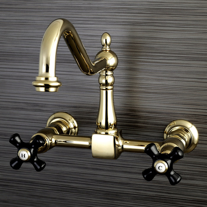 Kingston Heirloom KS1242PKX - Duchess Two-Handle 2-Hole Wall Mount Bridge Kitchen Faucet, Polished Brass