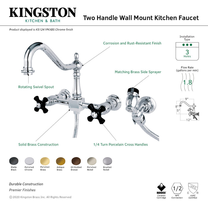 Kingston Heirloom KS1242PKXBS - Duchess Two-Handle 3-Hole Wall Mount Bridge Kitchen Faucet with Brass Sprayer, Polished Brass