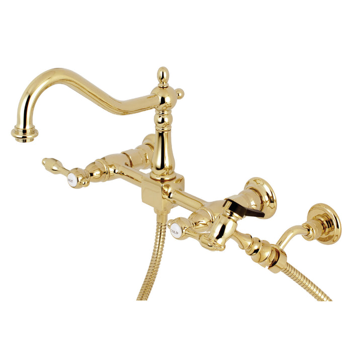 Kingston Heirloom KS1242TALBS - Tudor Two-Handle 3-Hole Wall Mount Bridge Kitchen Faucet with Brass Sprayer, Polished Brass