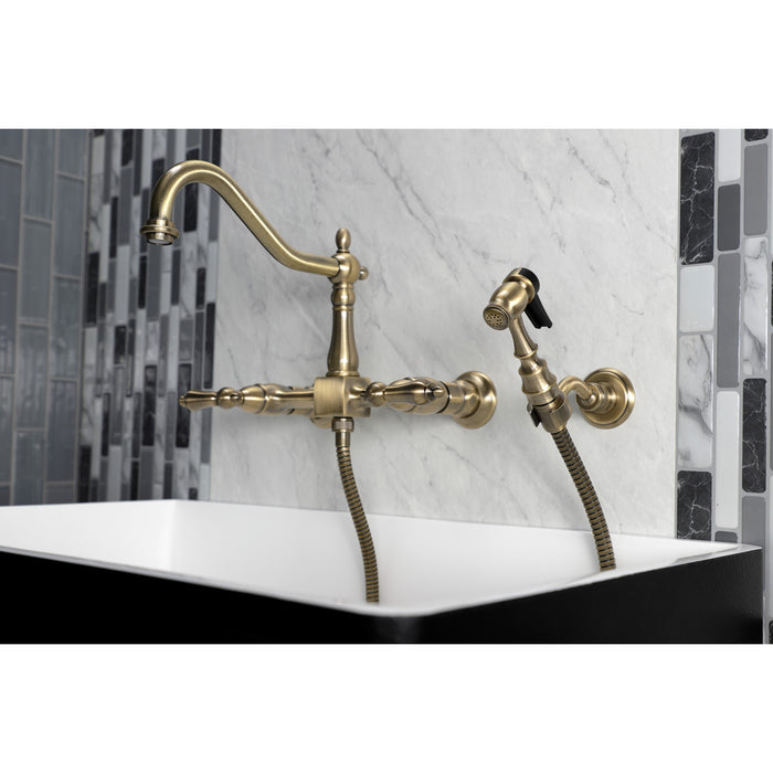 Kingston Heirloom KS1243ALBS - Heritage Two-Handle 3-Hole Wall Mount Bridge Kitchen Faucet with Brass Sprayer, Antique Brass