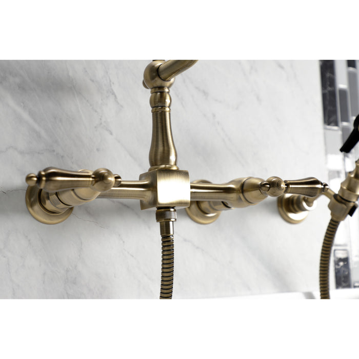 Kingston Heirloom KS1243ALBS - Heritage Two-Handle 3-Hole Wall Mount Bridge Kitchen Faucet with Brass Sprayer, Antique Brass