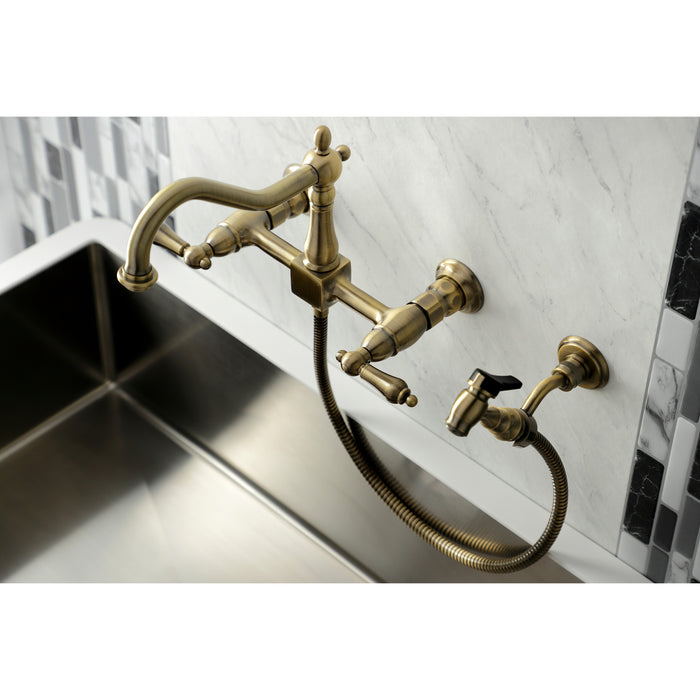 Kingston Heirloom KS1243ALBS - Heritage Two-Handle 3-Hole Wall Mount Bridge Kitchen Faucet with Brass Sprayer, Antique Brass