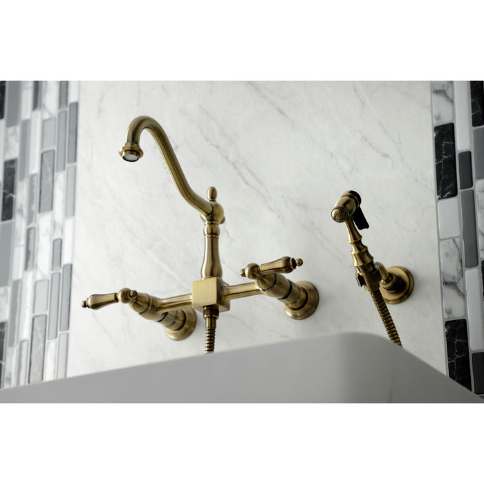 Kingston Heirloom KS1243ALBS - Heritage Two-Handle 3-Hole Wall Mount Bridge Kitchen Faucet with Brass Sprayer, Antique Brass