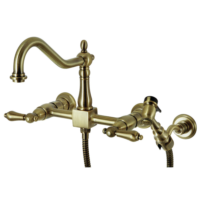 Kingston Heirloom KS1243ALBS - Heritage Two-Handle 3-Hole Wall Mount Bridge Kitchen Faucet with Brass Sprayer, Antique Brass