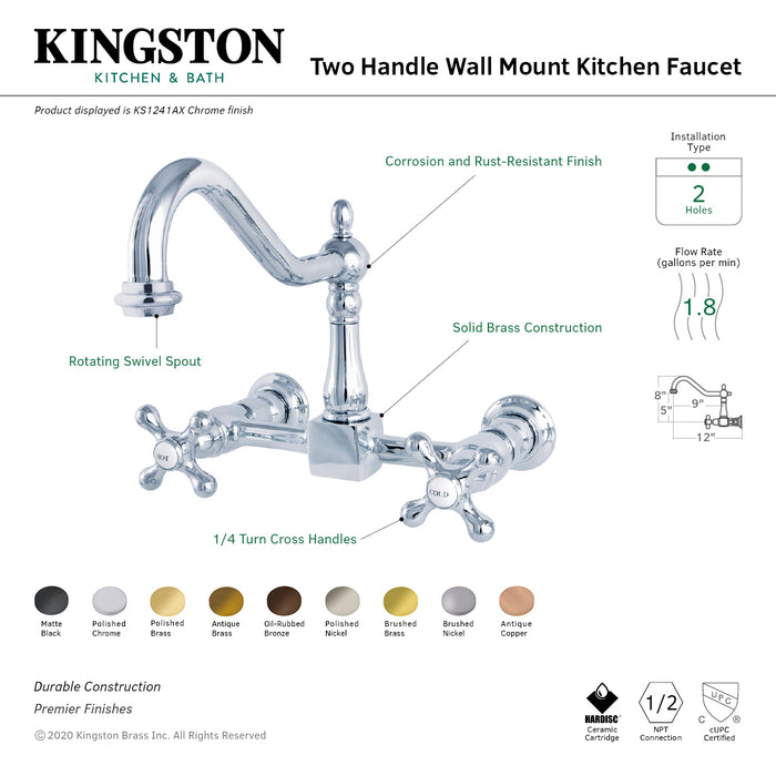 Kingston Heirloom KS1243AX - Heritage Two-Handle 2-Hole Wall Mount Bridge Kitchen Faucet, Antique Brass