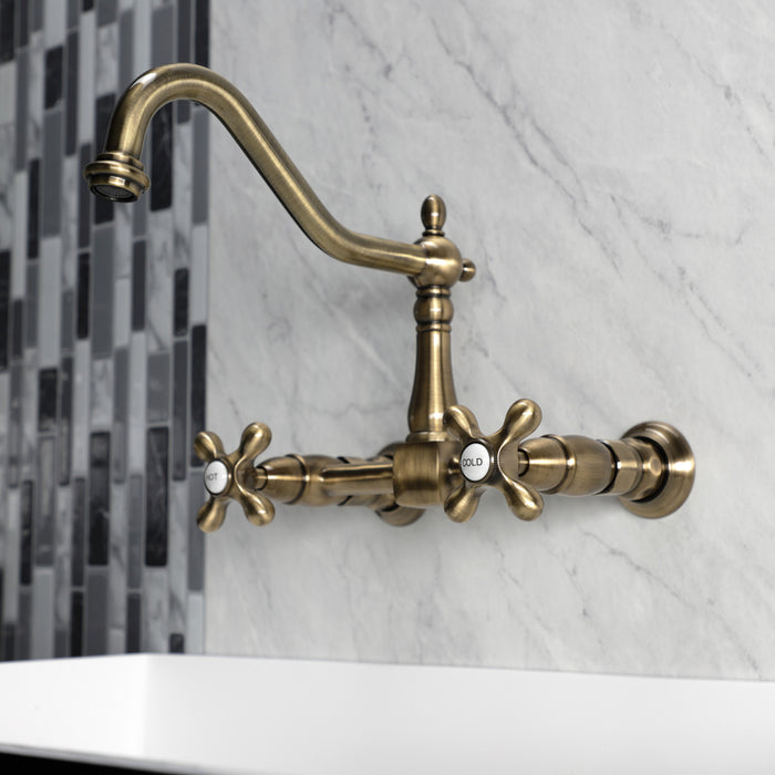 Kingston Heirloom KS1243AX - Heritage Two-Handle 2-Hole Wall Mount Bridge Kitchen Faucet, Antique Brass