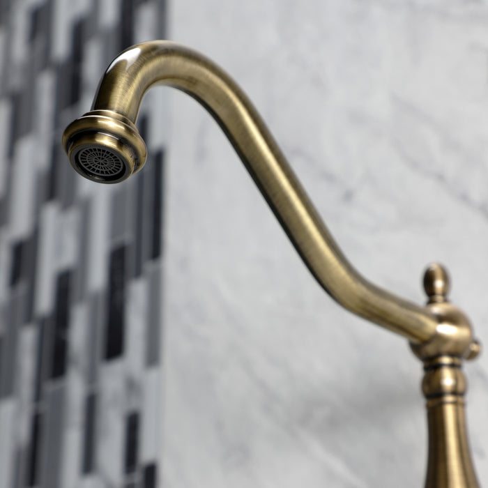 Kingston Heirloom KS1243AX - Heritage Two-Handle 2-Hole Wall Mount Bridge Kitchen Faucet, Antique Brass
