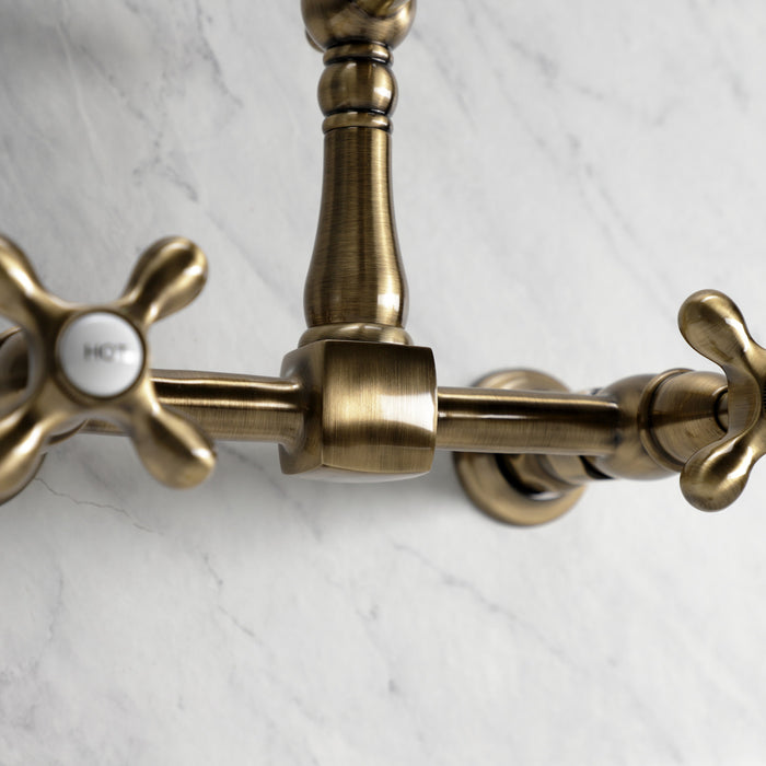 Kingston Heirloom KS1243AX - Heritage Two-Handle 2-Hole Wall Mount Bridge Kitchen Faucet, Antique Brass