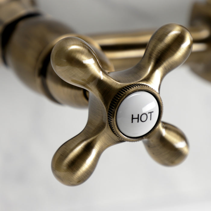 Kingston Heirloom KS1243AX - Heritage Two-Handle 2-Hole Wall Mount Bridge Kitchen Faucet, Antique Brass