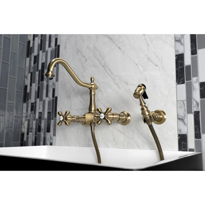 Kingston Heirloom KS1243AXBS - Heritage Two-Handle 3-Hole Wall Mount Bridge Kitchen Faucet with Brass Sprayer, Antique Brass