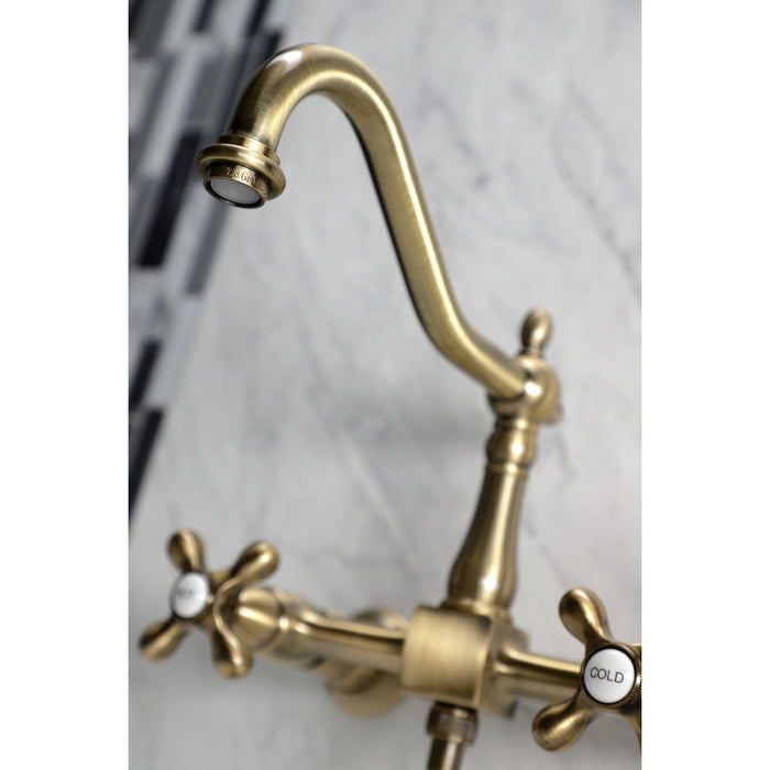 Kingston Heirloom KS1243AXBS - Heritage Two-Handle 3-Hole Wall Mount Bridge Kitchen Faucet with Brass Sprayer, Antique Brass