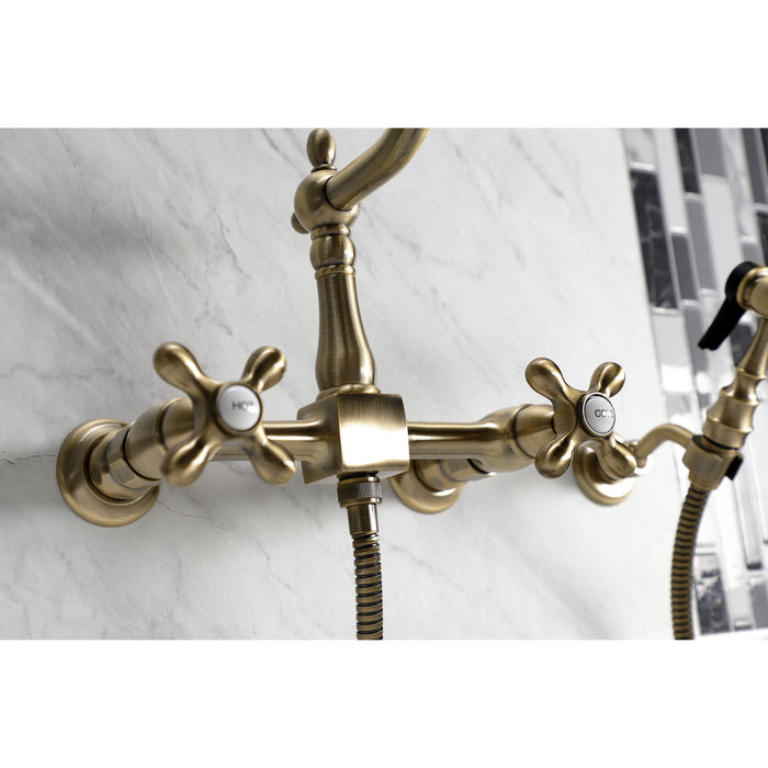 Kingston Heirloom KS1243AXBS - Heritage Two-Handle 3-Hole Wall Mount Bridge Kitchen Faucet with Brass Sprayer, Antique Brass