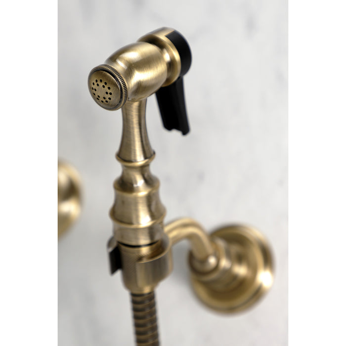 Heritage KS1243AXBS Double-Handle 3-Hole Wall-Mount Bridge Kitchen Faucet with Brass Sprayer, Antique Brass