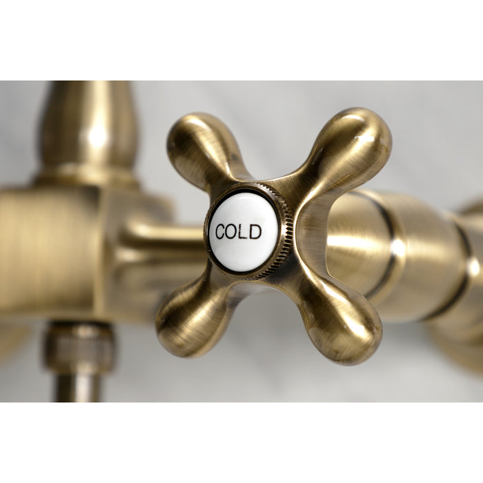 Kingston Heirloom KS1243AXBS - Heritage Two-Handle 3-Hole Wall Mount Bridge Kitchen Faucet with Brass Sprayer, Antique Brass