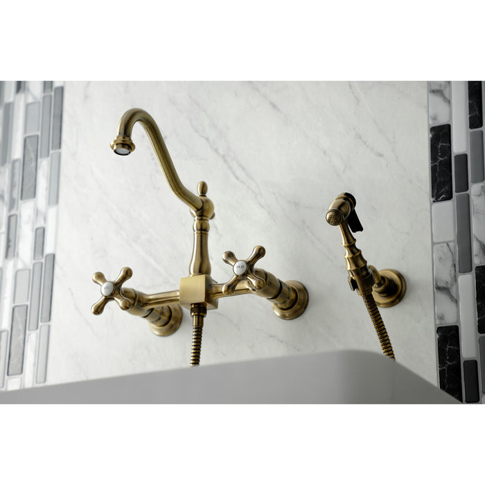 Heritage KS1243AXBS Double-Handle 3-Hole Wall-Mount Bridge Kitchen Faucet with Brass Sprayer, Antique Brass