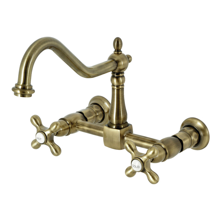 Kingston Heirloom KS1243AX - Heritage Two-Handle 2-Hole Wall Mount Bridge Kitchen Faucet, Antique Brass