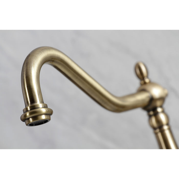 Kingston Heirloom KS1243PKL - Duchess Two-Handle 2-Hole Wall Mount Bridge Kitchen Faucet, Antique Brass