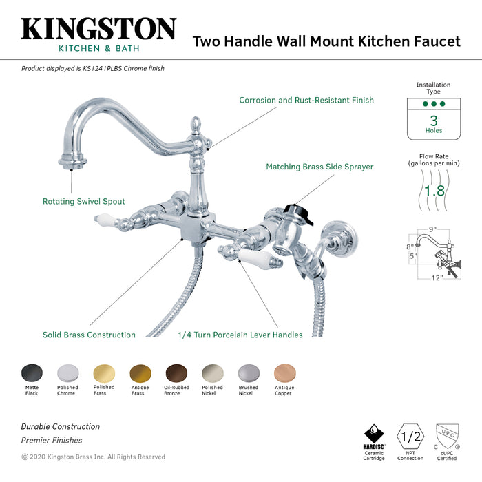 Kingston Heirloom KS1243PLBS - Heritage Two-Handle 3-Hole Wall Mount Bridge Kitchen Faucet with Brass Sprayer, Antique Brass