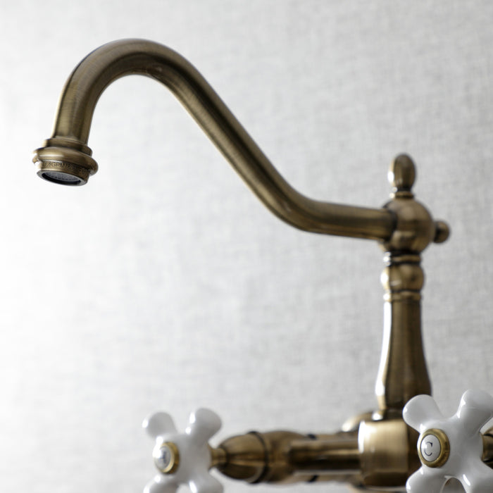 Kingston Heirloom KS1243PX - Heritage Two-Handle 2-Hole Wall Mount Bridge Kitchen Faucet, Antique Brass
