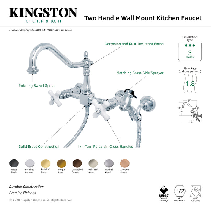 Kingston Heirloom KS1243PXBS - Heritage Two-Handle 3-Hole Wall Mount Bridge Kitchen Faucet with Brass Sprayer, Antique Brass