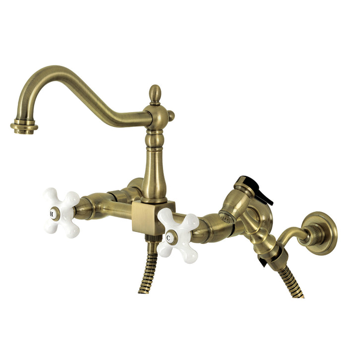 Kingston Heirloom KS1243PXBS - Heritage Two-Handle 3-Hole Wall Mount Bridge Kitchen Faucet with Brass Sprayer, Antique Brass