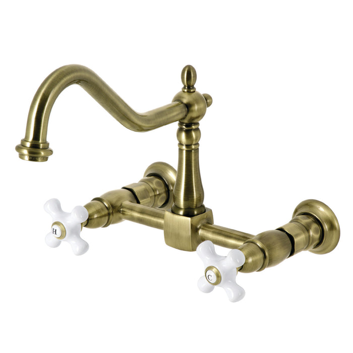 Kingston Heirloom KS1243PX - Heritage Two-Handle 2-Hole Wall Mount Bridge Kitchen Faucet, Antique Brass
