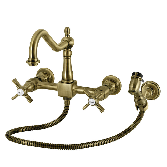 Kingston Heirloom KS1243ZXBS - Millennium Two-Handle 3-Hole Wall Mount Bridge Kitchen Faucet with Brass Sprayer, Antique Brass