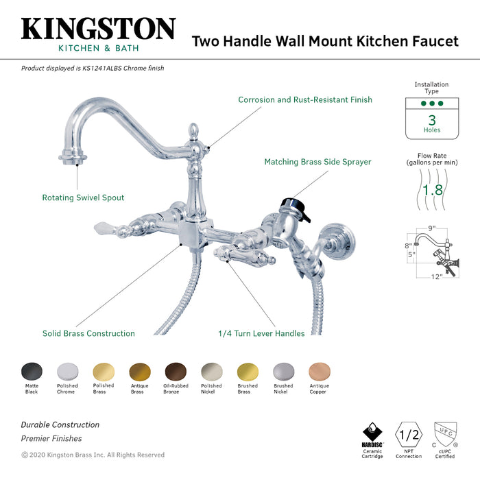 Kingston Heirloom KS1245ALBS - Heritage Two-Handle 3-Hole Wall Mount Bridge Kitchen Faucet with Brass Sprayer, Oil Rubbed Bronze