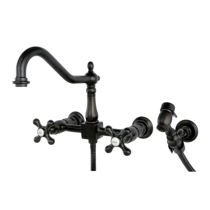 Kingston Heirloom KS1245AXBS - Heritage Two-Handle 3-Hole Wall Mount Bridge Kitchen Faucet with Brass Sprayer, Oil Rubbed Bronze