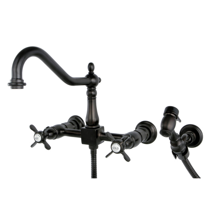Kingston Heirloom KS1245BEXBS - Essex Two-Handle 3-Hole Wall Mount Bridge Kitchen Faucet with Brass Sprayer, Oil Rubbed Bronze