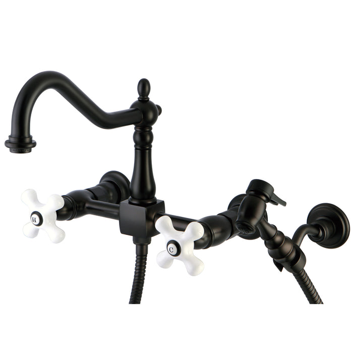 Kingston Heirloom KS1245PXBS - Heritage Two-Handle 3-Hole Wall Mount Bridge Kitchen Faucet with Brass Sprayer, Oil Rubbed Bronze