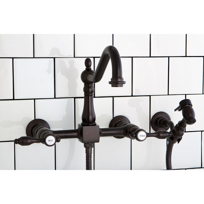 Kingston Heirloom KS1245TALBS - Tudor Two-Handle 3-Hole Wall Mount Bridge Kitchen Faucet with Brass Sprayer, Oil Rubbed Bronze