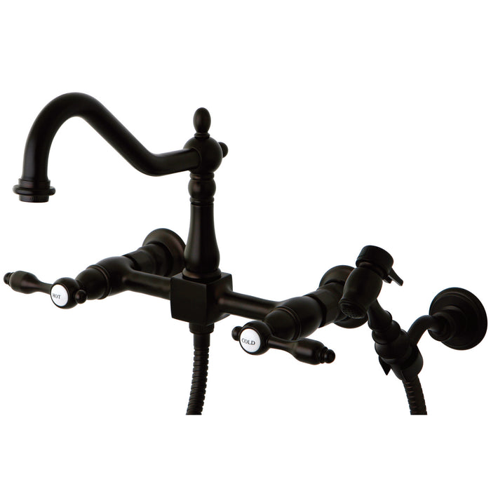 Kingston Heirloom KS1245TALBS - Tudor Two-Handle 3-Hole Wall Mount Bridge Kitchen Faucet with Brass Sprayer, Oil Rubbed Bronze