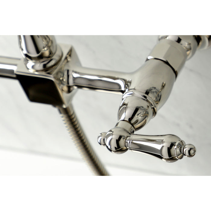 Kingston Heirloom KS1246ALBS - Heritage Two-Handle 3-Hole Wall Mount Bridge Kitchen Faucet with Brass Sprayer, Polished Nickel