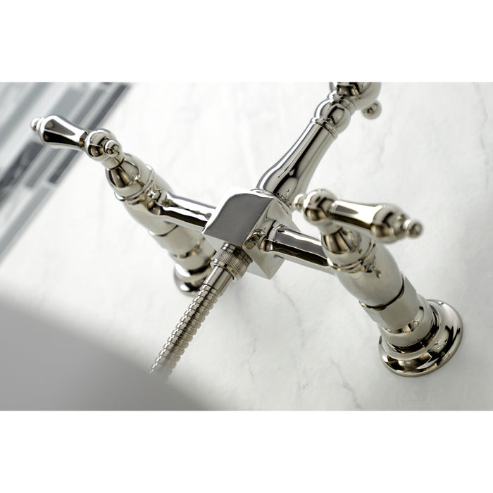 Kingston Heirloom KS1246ALBS - Heritage Two-Handle 3-Hole Wall Mount Bridge Kitchen Faucet with Brass Sprayer, Polished Nickel