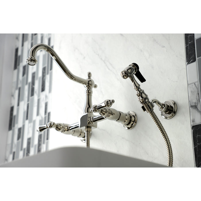Kingston Heirloom KS1246ALBS - Heritage Two-Handle 3-Hole Wall Mount Bridge Kitchen Faucet with Brass Sprayer, Polished Nickel