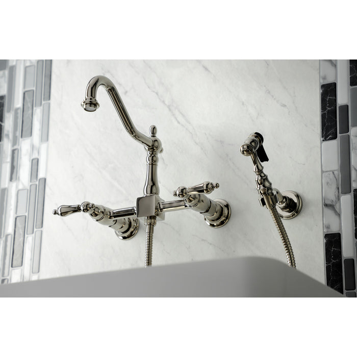Kingston Heirloom KS1246ALBS - Heritage Two-Handle 3-Hole Wall Mount Bridge Kitchen Faucet with Brass Sprayer, Polished Nickel