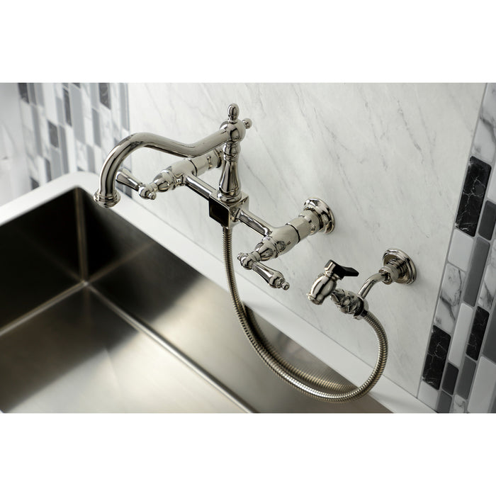 Kingston Heirloom KS1246ALBS - Heritage Two-Handle 3-Hole Wall Mount Bridge Kitchen Faucet with Brass Sprayer, Polished Nickel