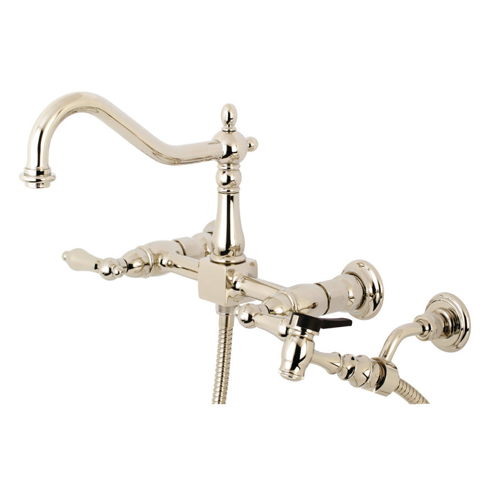 Kingston Heirloom KS1246ALBS - Heritage Two-Handle 3-Hole Wall Mount Bridge Kitchen Faucet with Brass Sprayer, Polished Nickel