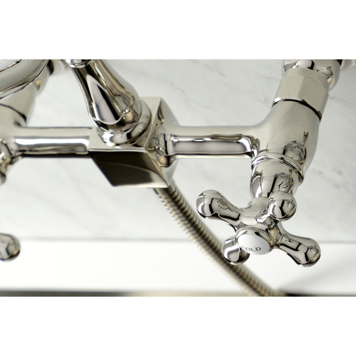 Kingston Heirloom KS1246AXBS - Heritage Two-Handle 3-Hole Wall Mount Bridge Kitchen Faucet with Brass Sprayer, Polished Nickel