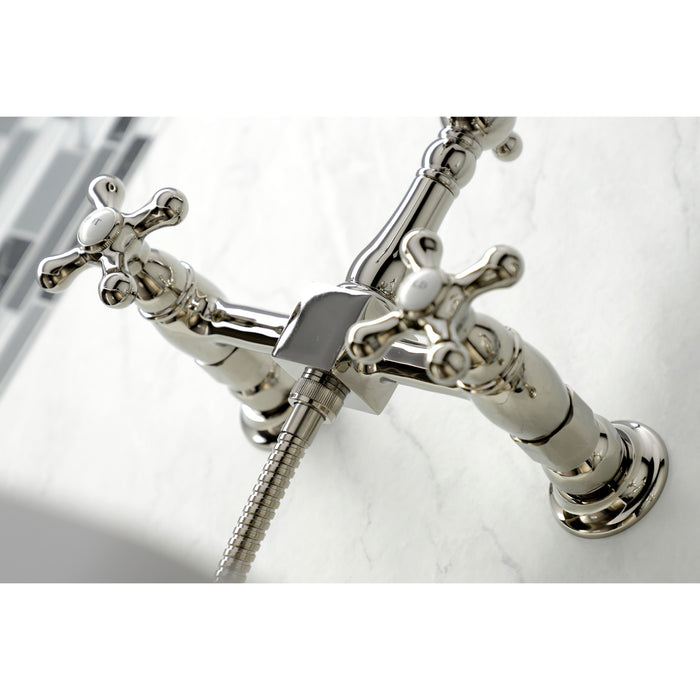 Kingston Heirloom KS1246AXBS - Heritage Two-Handle 3-Hole Wall Mount Bridge Kitchen Faucet with Brass Sprayer, Polished Nickel