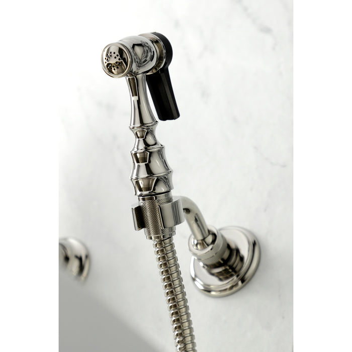 Kingston Heirloom KS1246AXBS - Heritage Two-Handle 3-Hole Wall Mount Bridge Kitchen Faucet with Brass Sprayer, Polished Nickel