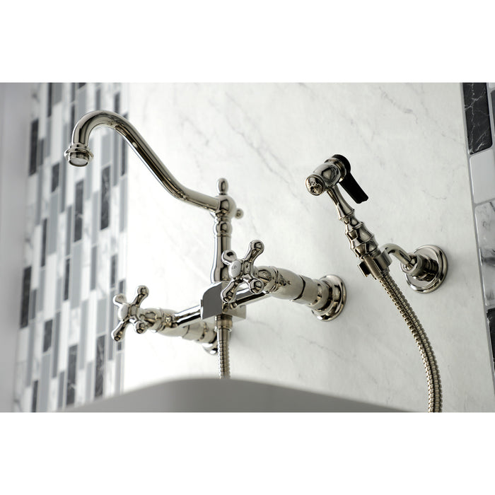 Kingston Heirloom KS1246AXBS - Heritage Two-Handle 3-Hole Wall Mount Bridge Kitchen Faucet with Brass Sprayer, Polished Nickel