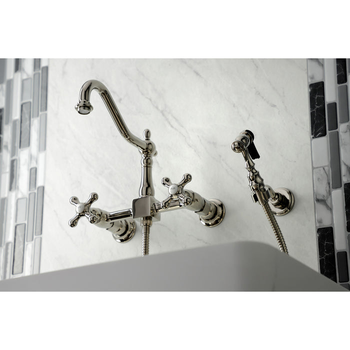 Kingston Heirloom KS1246AXBS - Heritage Two-Handle 3-Hole Wall Mount Bridge Kitchen Faucet with Brass Sprayer, Polished Nickel